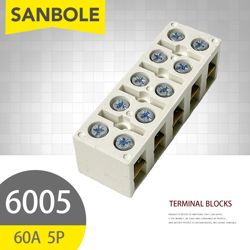 5pcs 60A/5P Terminal Blocks Fixed Type Resin Insulation Base Connection Terminals With Screws Connector Plate JX-6005