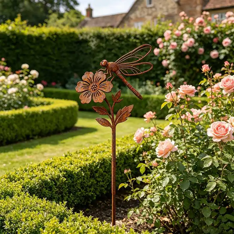 Rusty dragonfly flower garden decoration ground stake, suitable for decorating flower pots, flower beds, lawns or gardens.