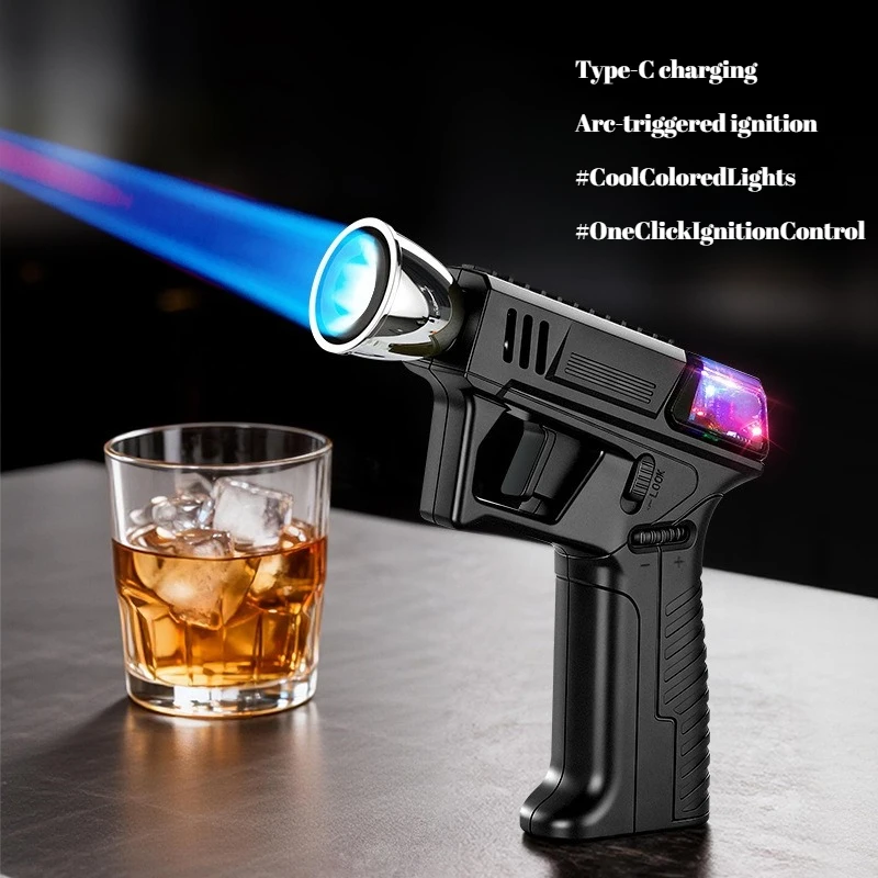 USB Rechargeable Torch Lighter, Thickened Powerful Straight Jet Flame, High Temperature Windproof Gas Spray Gun Lighter Outdoor