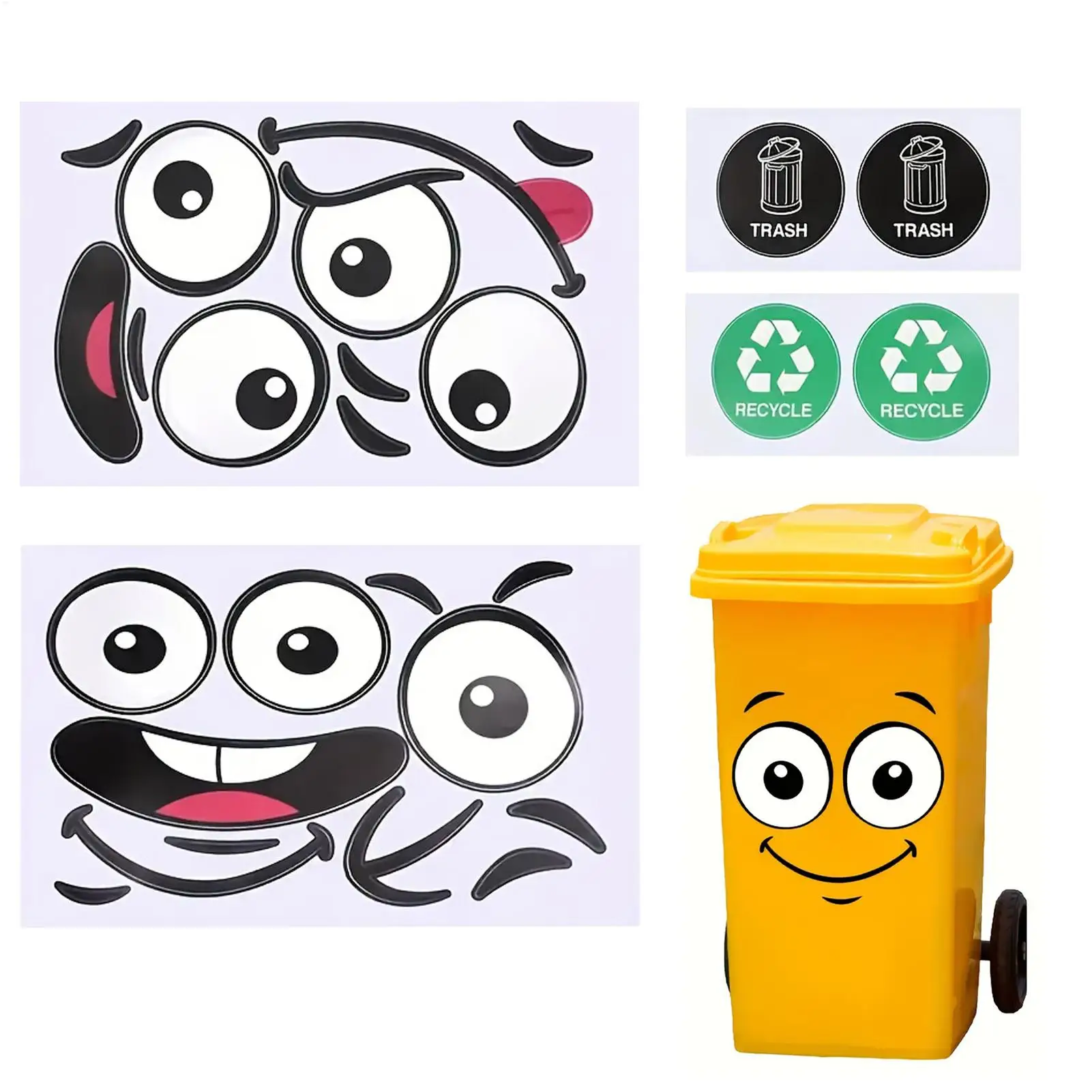 Trash Can Stickers 8 Sheets Cartoon Expressions Toilet Lid Decal Bin Stickers for Fridge Bins Wall Indoor Outdoor Kitchen Bucket