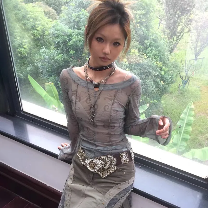 Karrram Grunge Aesthetics Mesh Tops Japanese Y2k Sheer Tops Vintage Harajuku See Through Crop Top Korean Fashion Tie Dye T-shirt