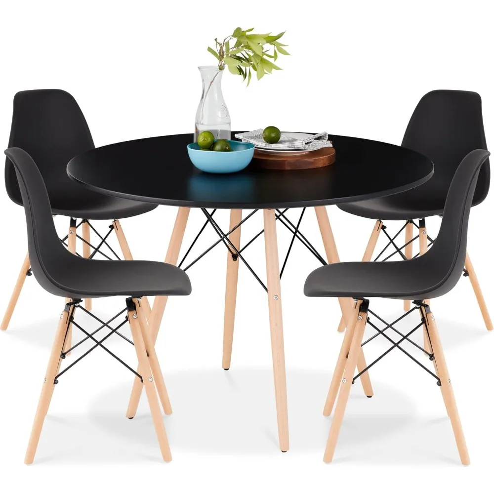 5 piece cutlery set, compact mid-century modern table and chair set, apartment with 4 chairs, black/oak