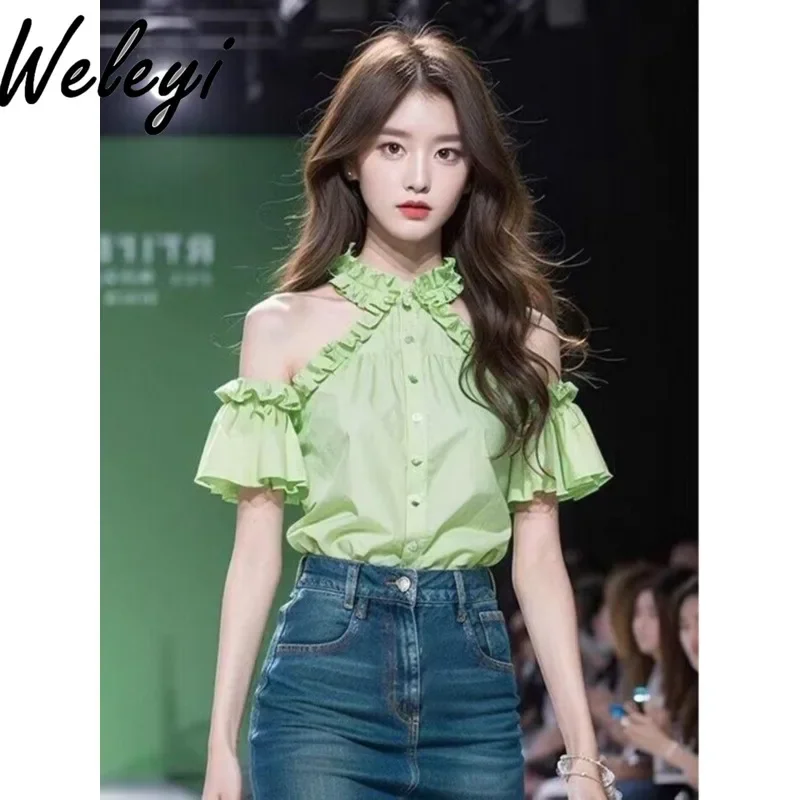 

Summer Dopamine Wear Blouse Women Light Green Shoulder Slipping Shirts 2024 New Korean Fashion Sweet Off The Shoulder Loose Tops