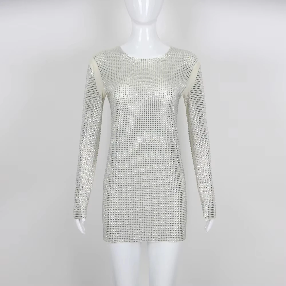 New Women's Fashion Elegant Long Sleeve Rhinestone See Through Dress Sexy Mini Evening Club Dresses