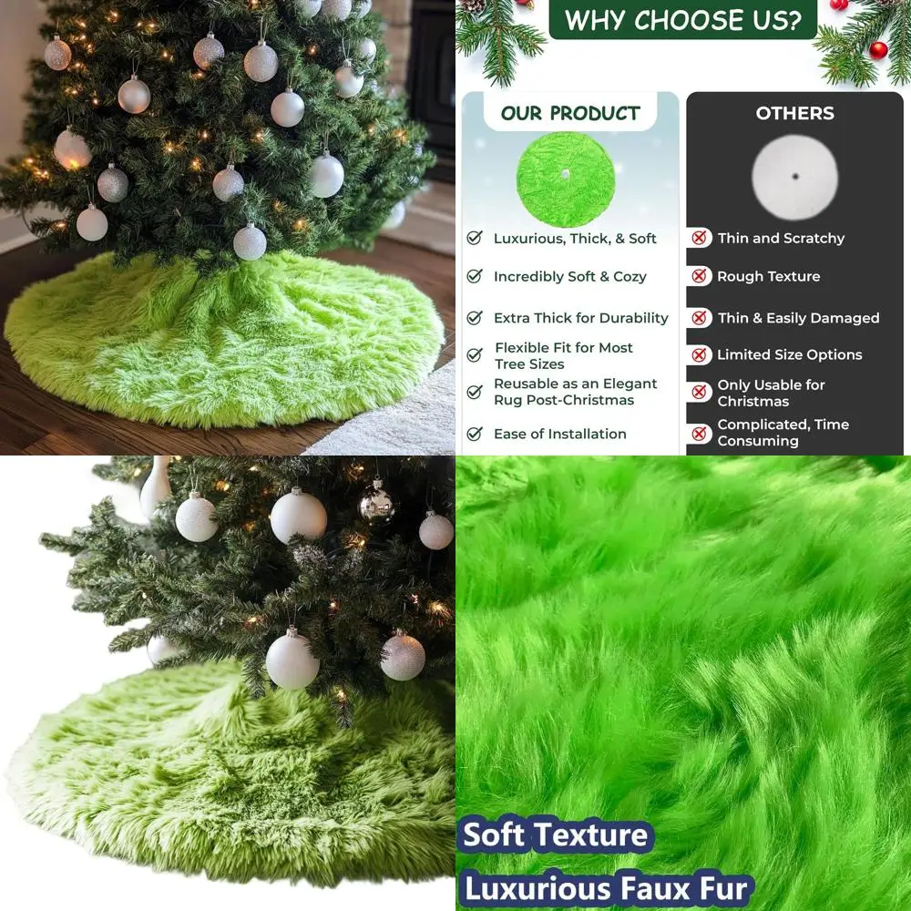 

Green 60 Inch Faux Fur Christmas Tree Skirt - Plush Holiday Decoration for Festive Celebrations