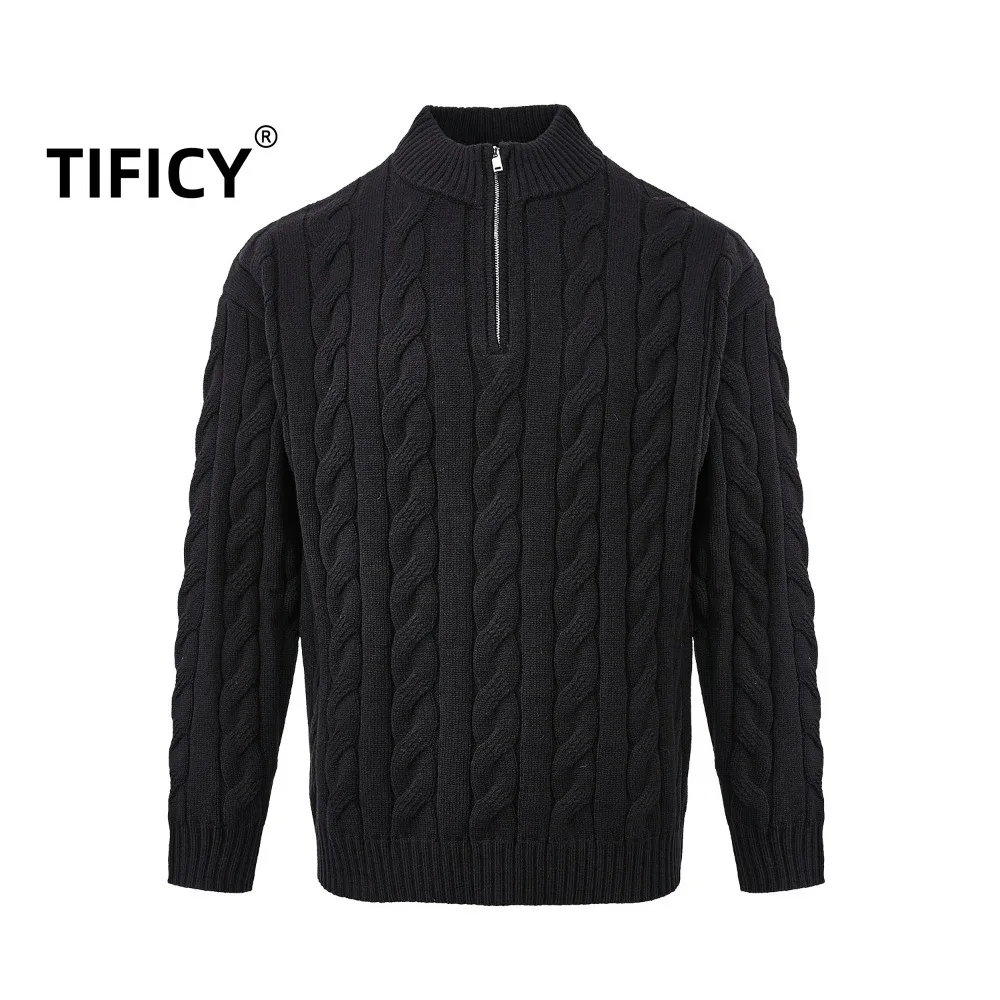 

High Street Dark Black Sweater Pullover Men's Relaxed Hemp Pattern Coarse Needle British Half Zipper Heavy Knit Sweater Male