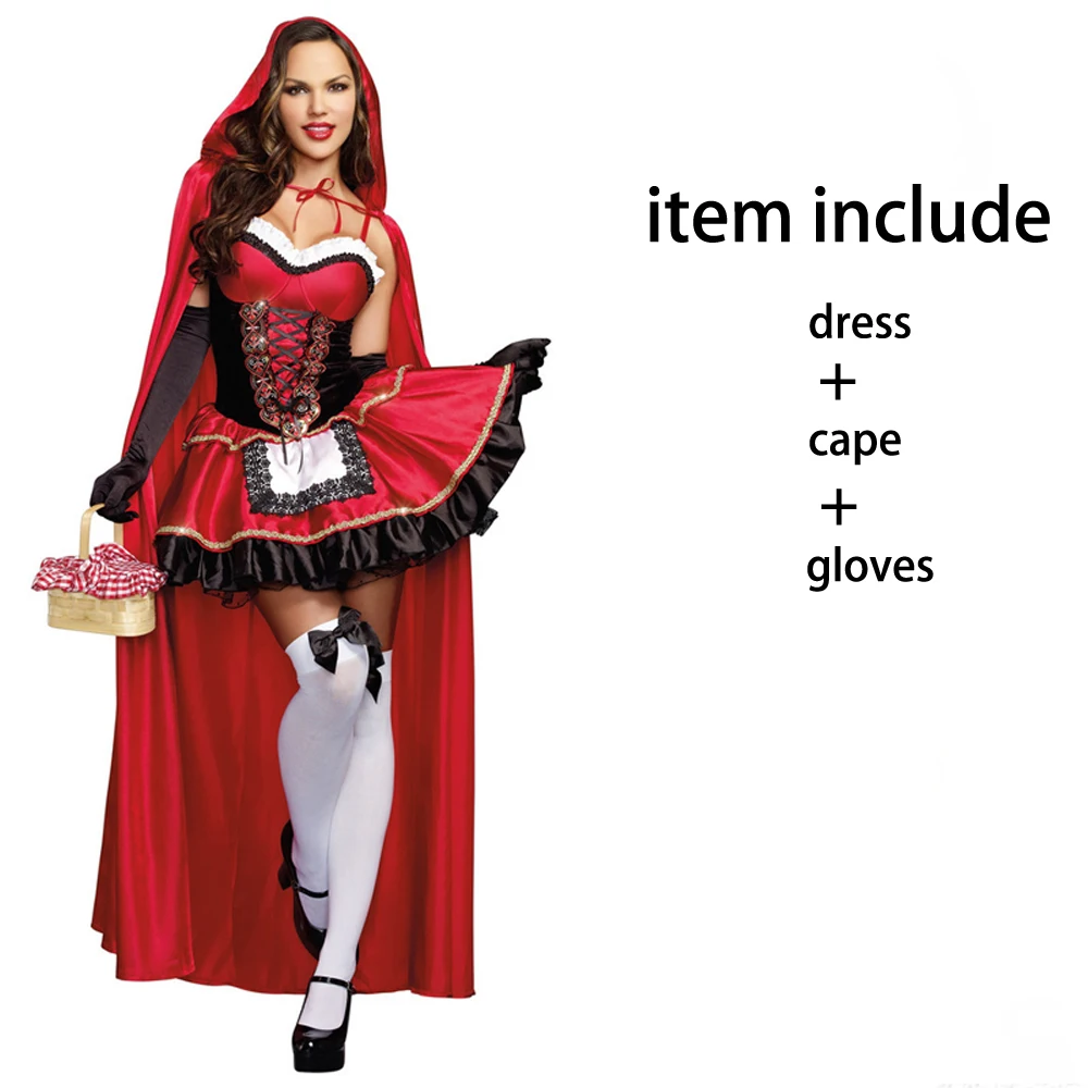 2018 kleine rote Reit haube Outfit Kostüm erwachsene Frauen Halloween Cosplay Kostüm Henne Party Kleid Cape Set Outfit