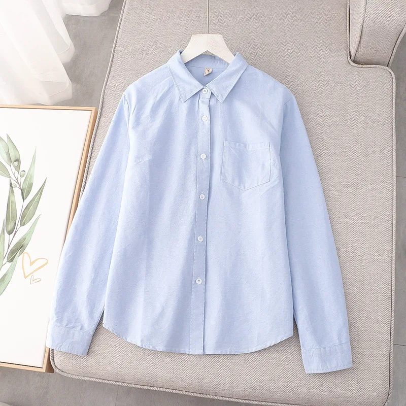 New Autumn Cotton Striped Shirts Women Lapel Collar Top Girl Long Sleeve Loose Commuting Blouses Appear Thin Spring T30603QC