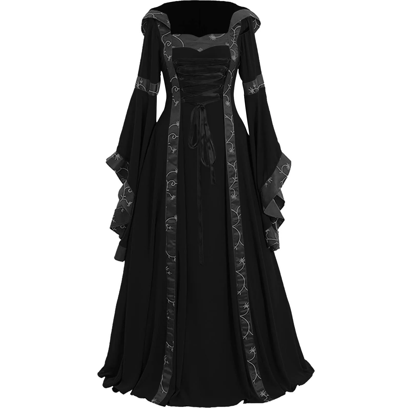 Women Vintage Gothic Cosplay Dress Fall Winter Gothic Floral Print Ball Gowns Floor Length Dress Halloween Witch Hooded Cloak