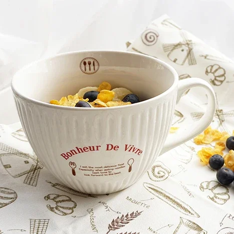 Large Porcelain Coffee Mug Cup for Milk Breakfast, Ceramic, French White, Soup, Cereal, 590ml