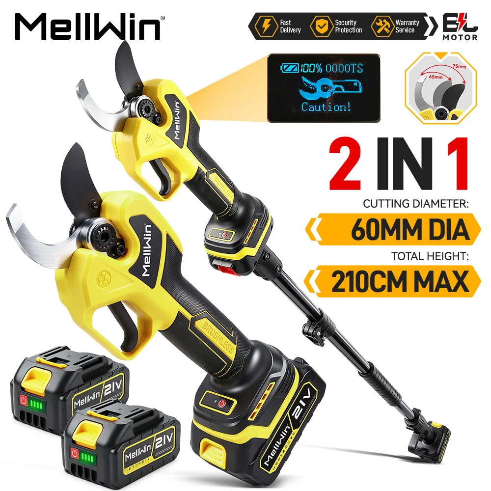 MELLWIN Bürstenlose 60-mm-Elektro-Astschere mit 180 cm Teleskopstange, 2-in-1-Gartenwerkzeug für hohe Äste, kompatibel mit Makita 18V-Akku