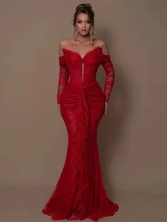 Sexy Off Shoulder Long Sleeve Lace Ruched Long Dress Women Red V Neck Hollow Out Slim Maxi Dresses Evening Party Runway Gowns