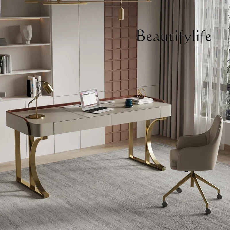 ZL saddle leather desk study living room computer table solid wood boss writing desk Italian modern minimalist desk