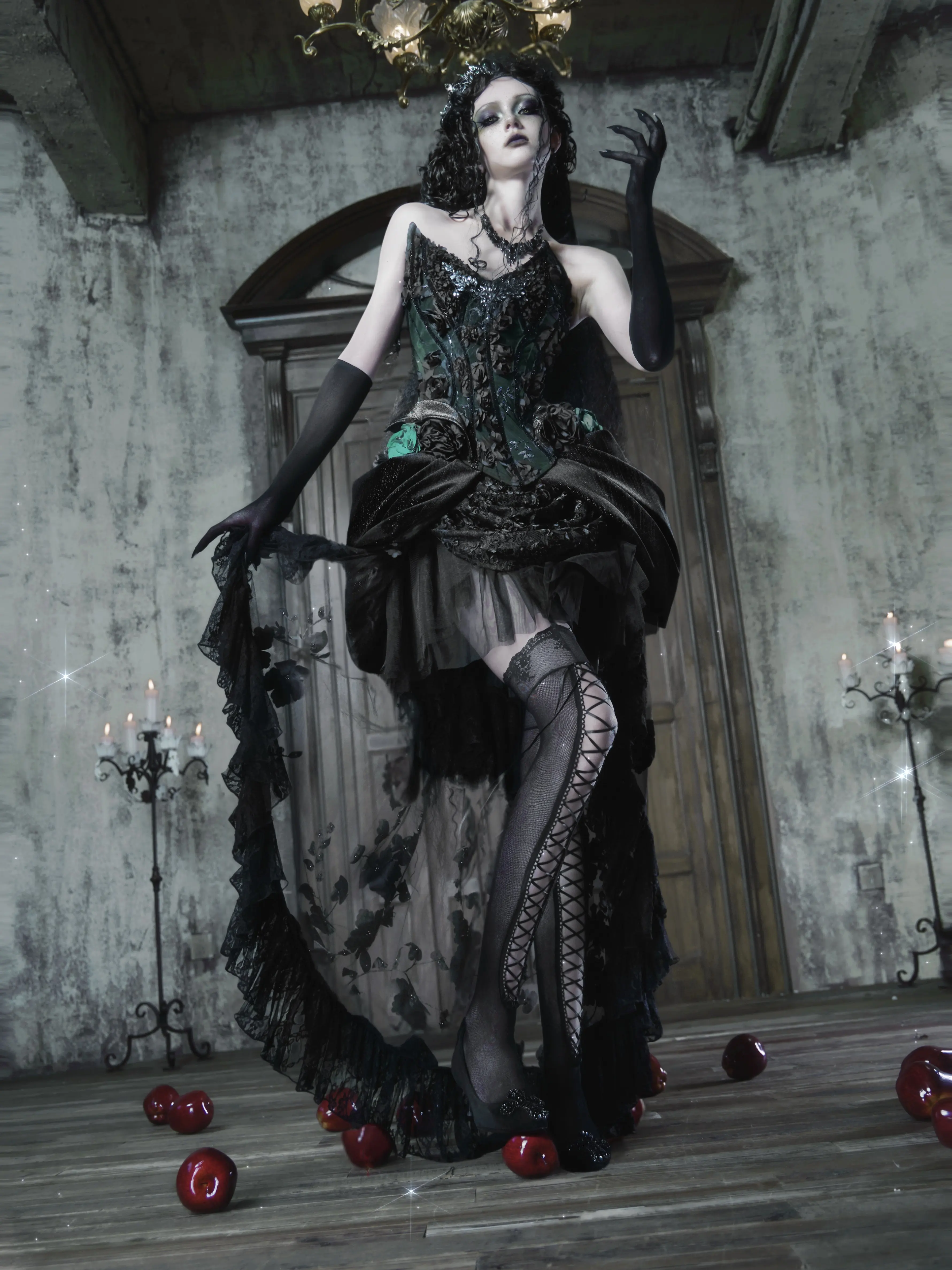Blood Supply Original Gothic Lace Velour Tail Asymmetric Skirt Heavy Made Jupe  Halloween Festival Ruffles Mini Skirts Black