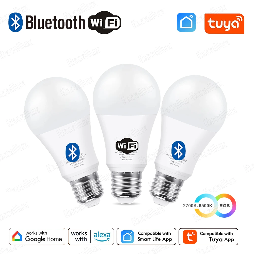 Tuya-Lámpara Led E27, Bombilla inteligente con Control por aplicación, Bluetooth /WiFi, 15W, RGB, CW, WW, funciona con el asistente de Google Alexa