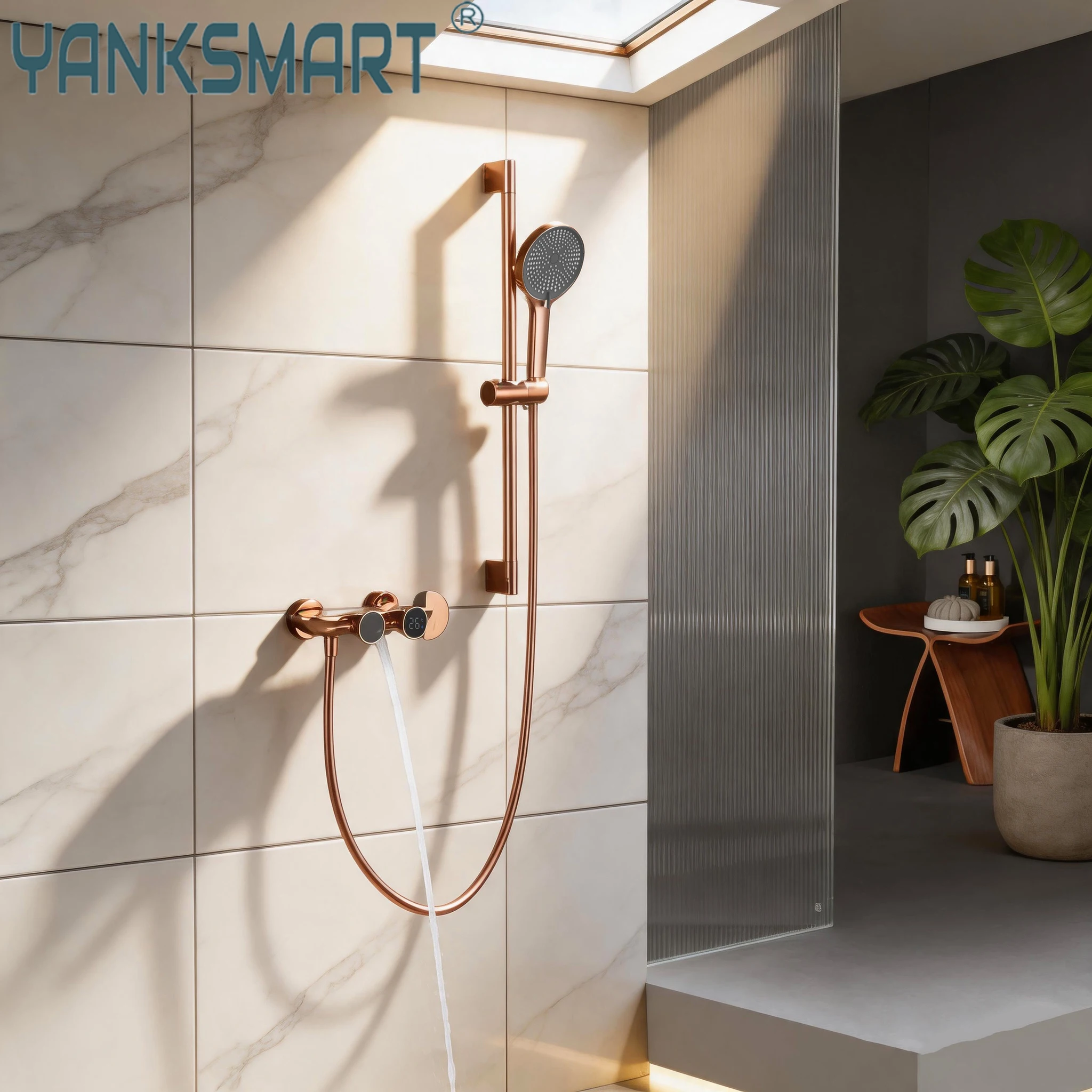 YANKSMART Bathroom Digital display gold luxury Shower System Set 2-way Rainfall Head high quality outdoor faucet shower column
