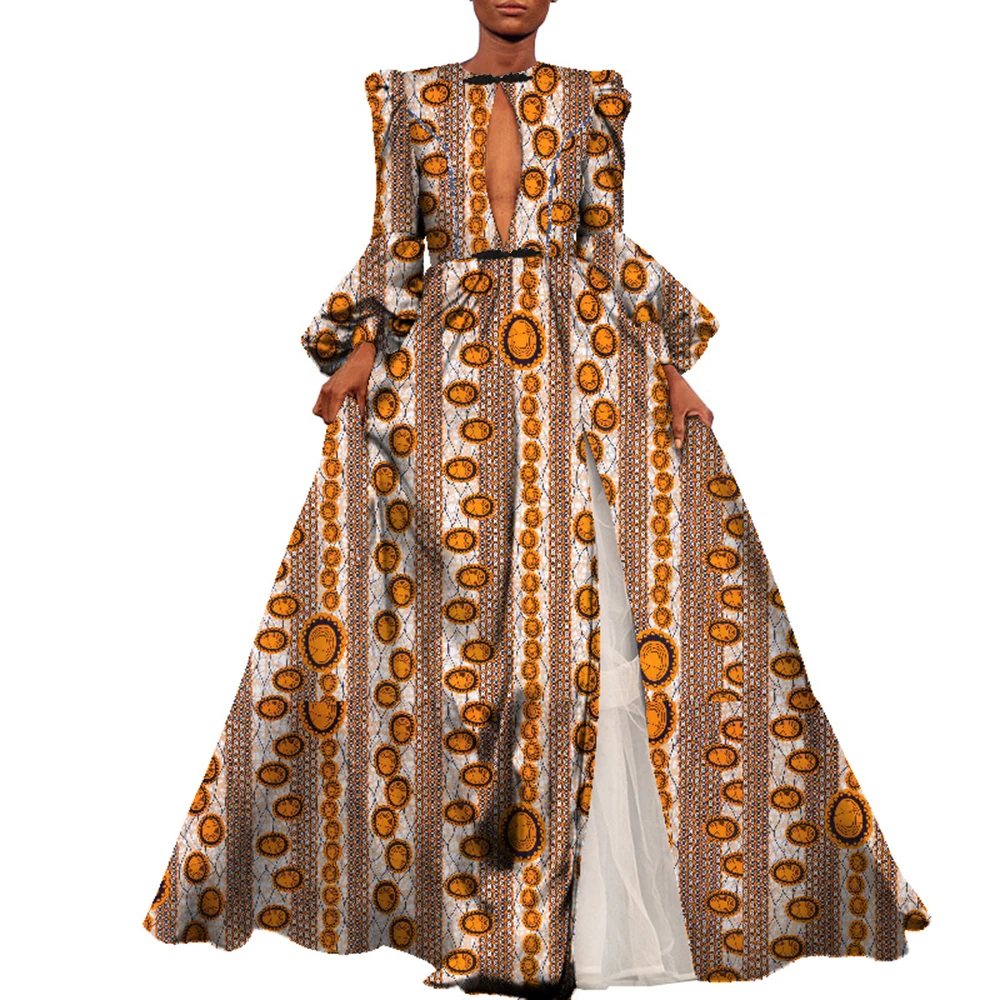 

Осенние традиционные африканские женские платья с принтом Анкары и длинным рукавом длиной до пола, сексуальная пряжа, женская вечеринка, свадебная одежда Wy8853