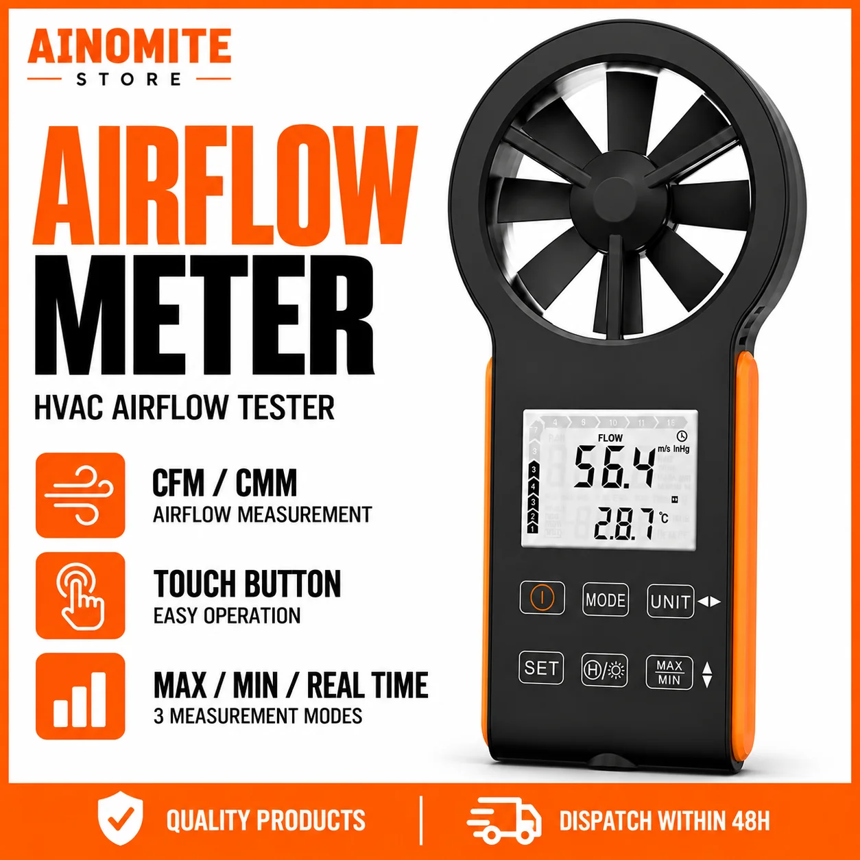 Rechargeable Waterproof Digital Anemometer, CFM Air Flow Meter 0.3-30m/s Wind Speed Tester, 999900ft3/min Volume Gauge for HVAC