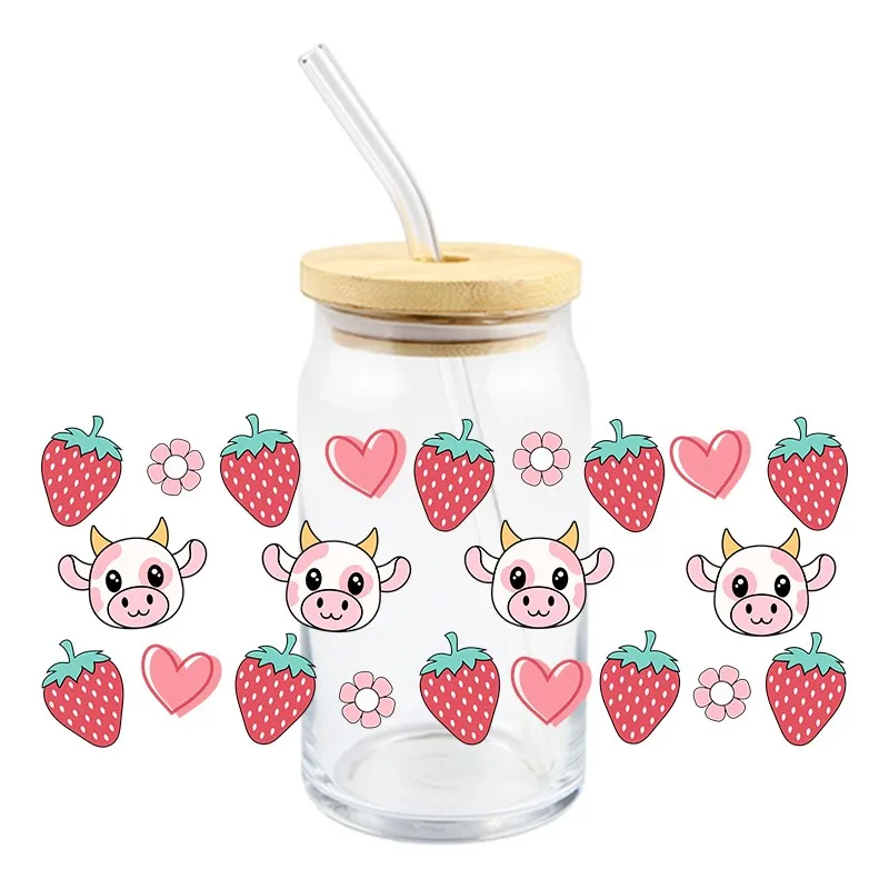 Valentine Series 3D UV DTF Fruits UV DTF Transfer Sticker Cow Love Series Wraps Cup High Quality Waterproof 16 OZ Mug Coffee Cup