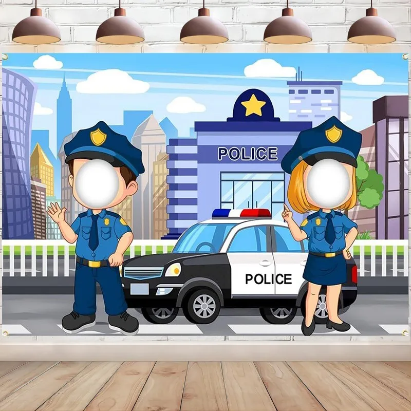 Police Backdrop Police Station Face in Hole Car Photography Background Party Decoration Boys Kids Face Cutout Photo Booth Props