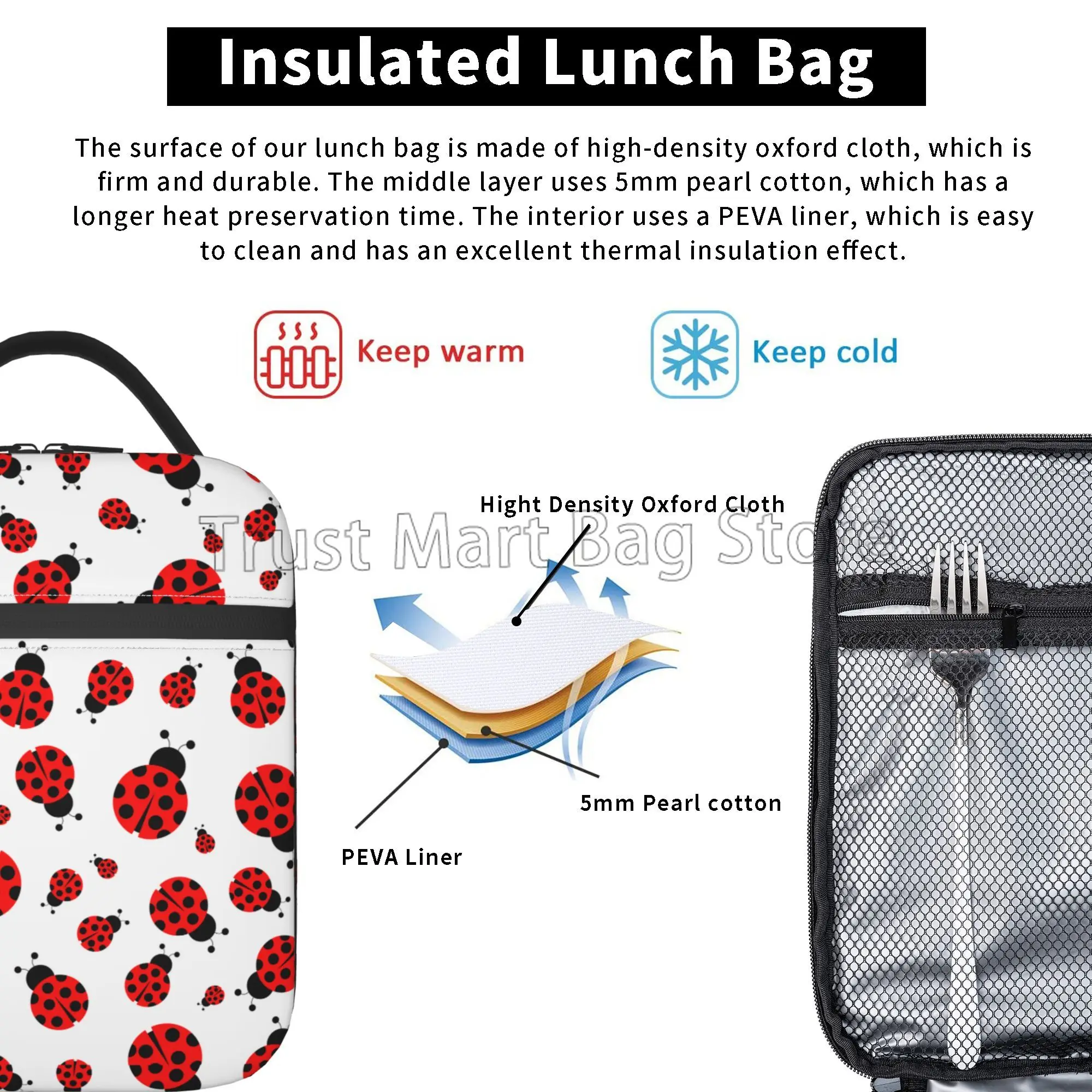 Cute Cartoon Ladybug Thermal Lunch Bag for Women Girls Reusable Portable Waterproof Insulated Lunch Box for Work Travel Picnic