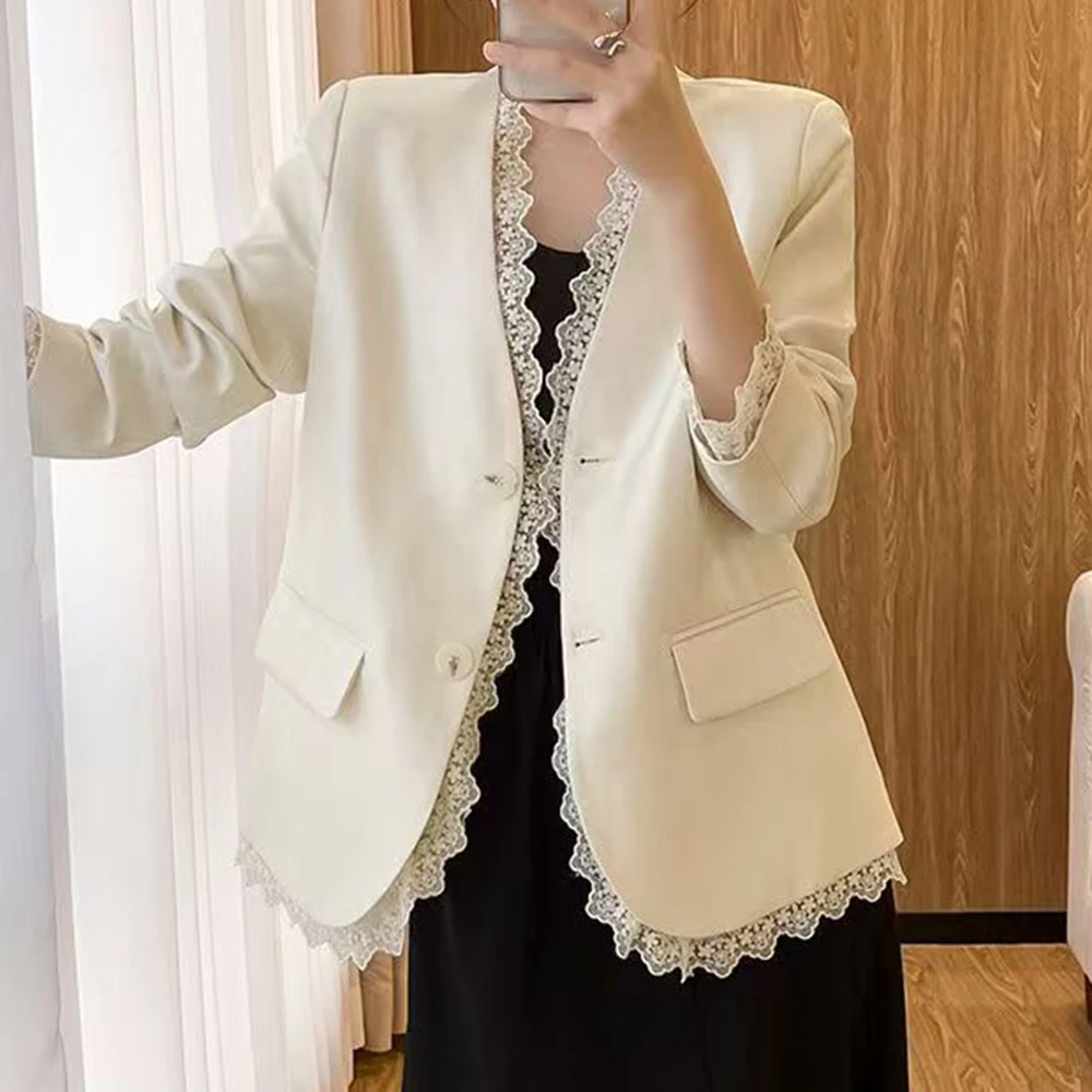

2025 summer Internet celebrity new blazer women's Korean version lace splicing acetic acid drape thin suit