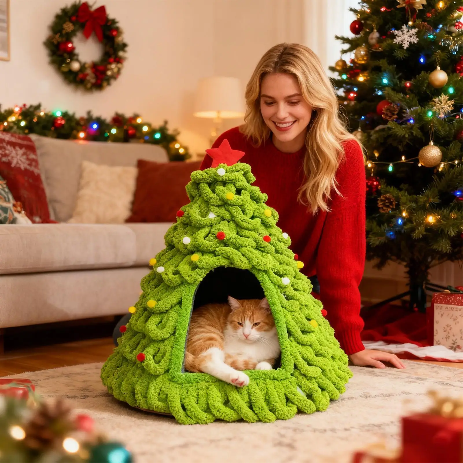 2027 Cat Nest Autumn and Winter Tree Design Knitted Tent Nest Thickened Warm Christmas Cat House Dog Nest Pet Nest