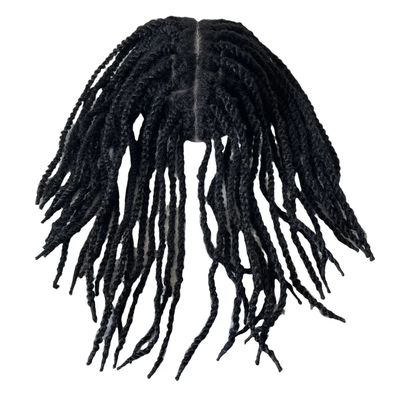 Penggantian Rambut Manusia Perawan Peru # 1 Warna Hitam Jet 12 inci Kepang Putar Afro Unit Renda Penuh Rambut Palsu untuk Pria Kulit Hitam