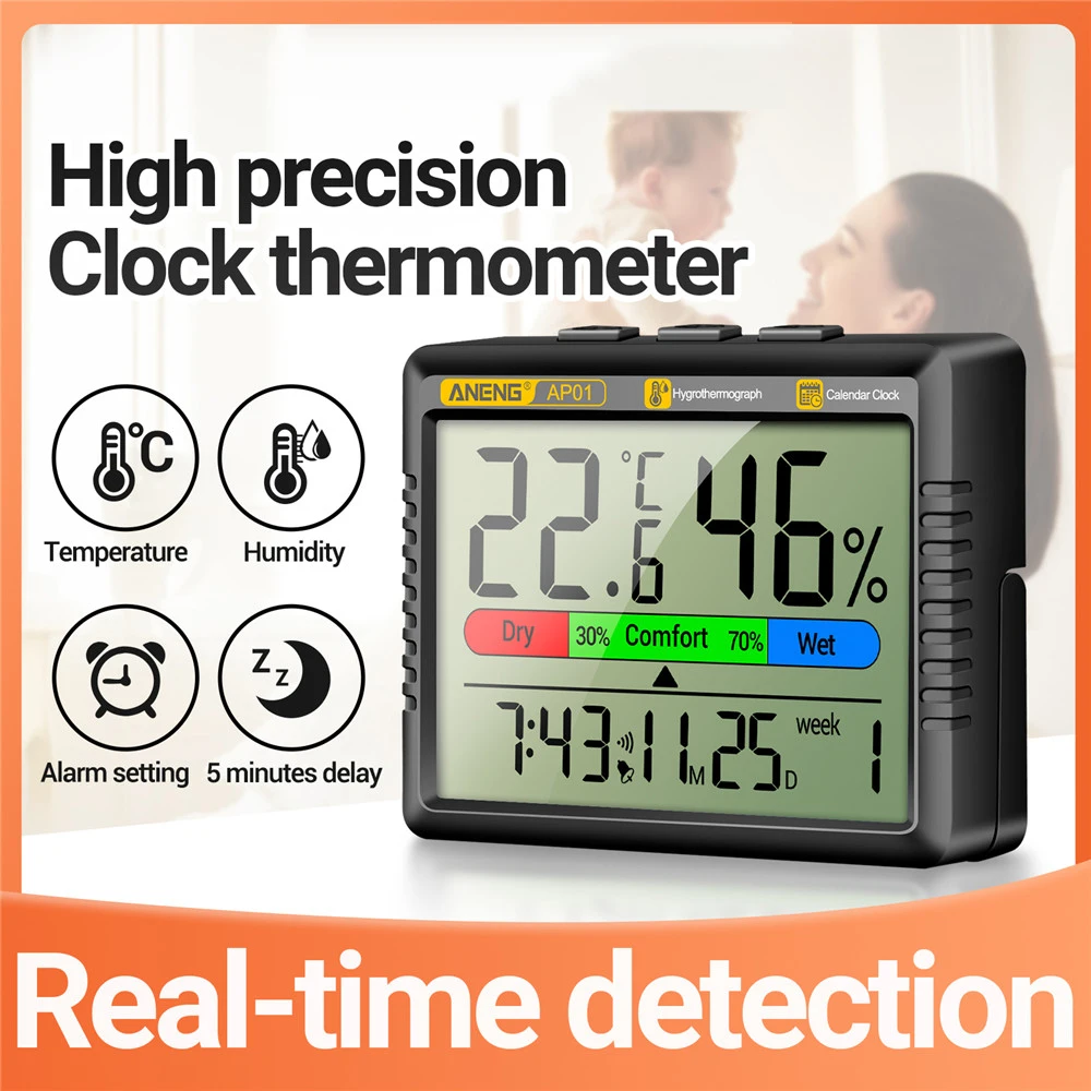 

New LCD Digital Thermometer Hygrometer Sensor Gauge Weather Station Home Indoor Temperature Humidity Meter Alarm Clock Calendar