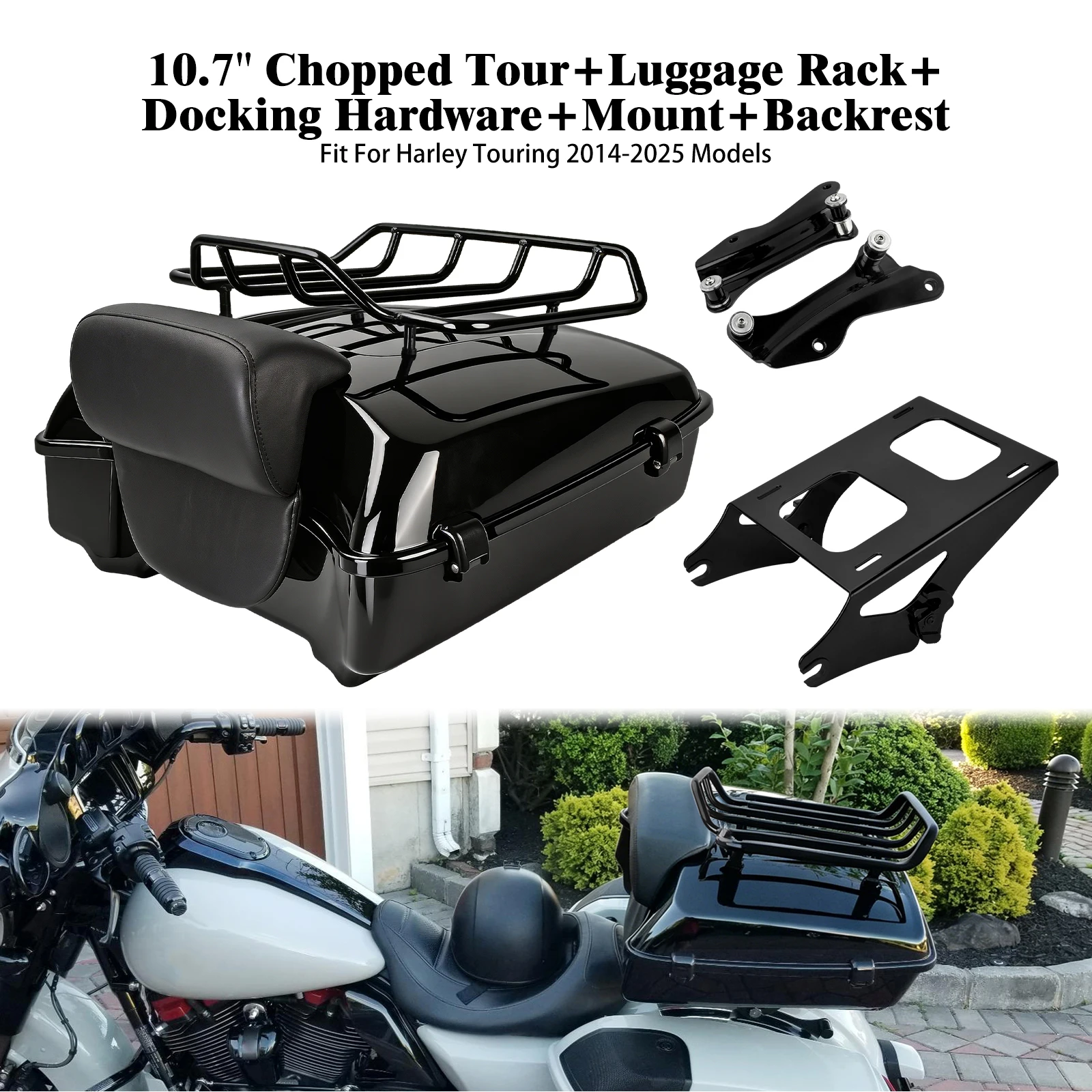 10.7'' Chopped Tour Luggage +Backrest Mounting Rack Kit Motorcycle For Harley Touring Road Street Electra Glide Road King 14-25