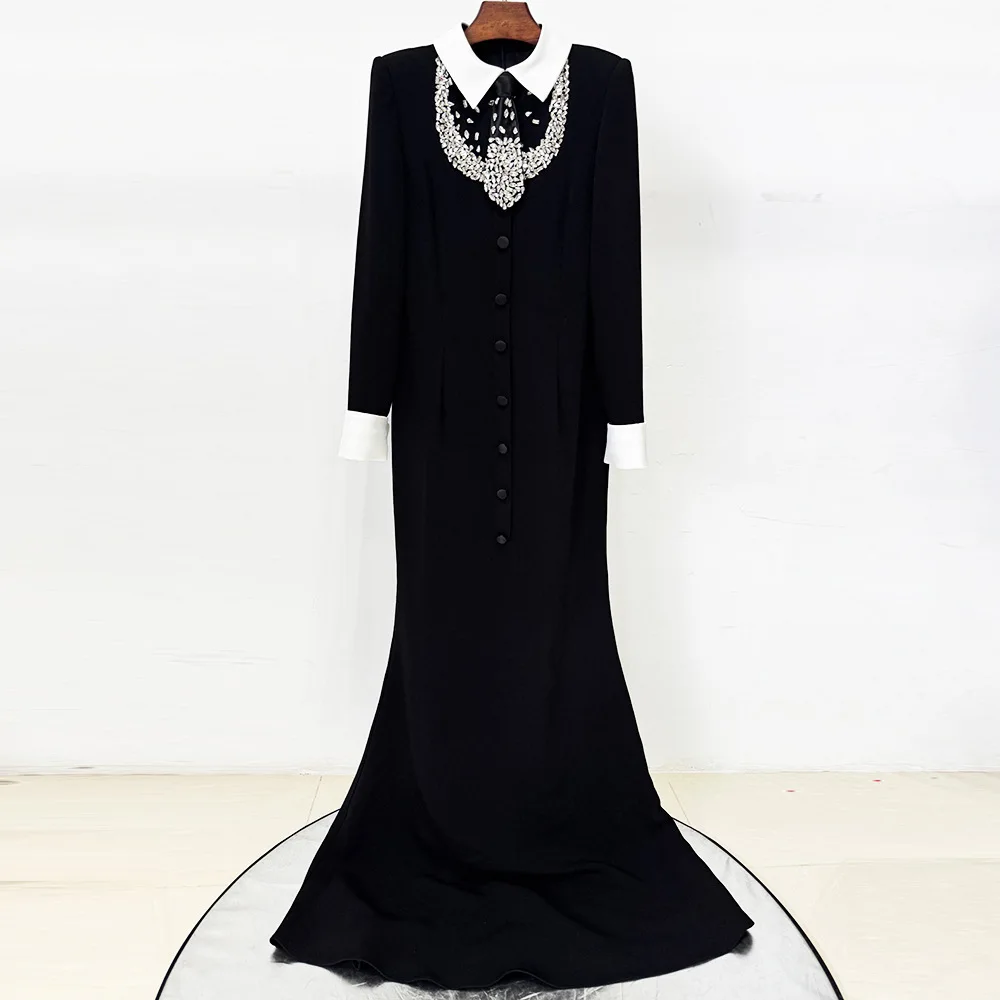 HIGH QUALITY Newest Fashion 2026 Vestido Women's Fashion Shirt Collar Stunning Beaded Diamond Long Dress
