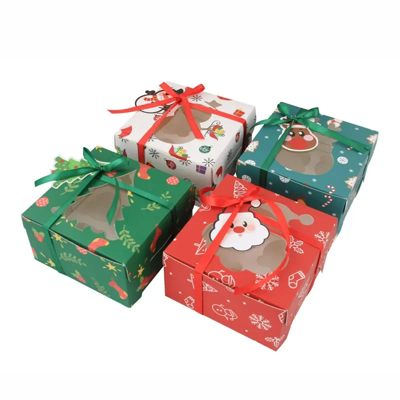 

White Paperboard Gift Box with PVC Window 4 Holes Christmas Theme Cupcake Box with Tag String Packaging Muffin Box with Insert