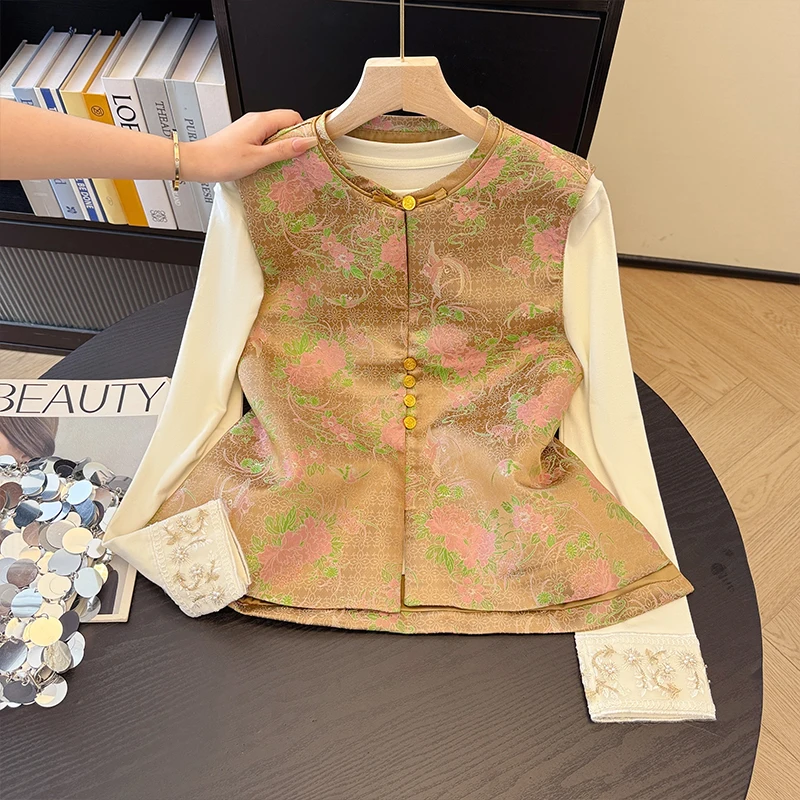 Fall Fashion Design Floral Embroidery Waistcoat round Neck Button Detailing Diagonal Tie Chinese Style Women's Vest