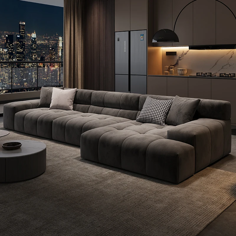 Italian minimalist, matte fabric puff sofa, modern simple living room, small apartment, tofu block technology cloth