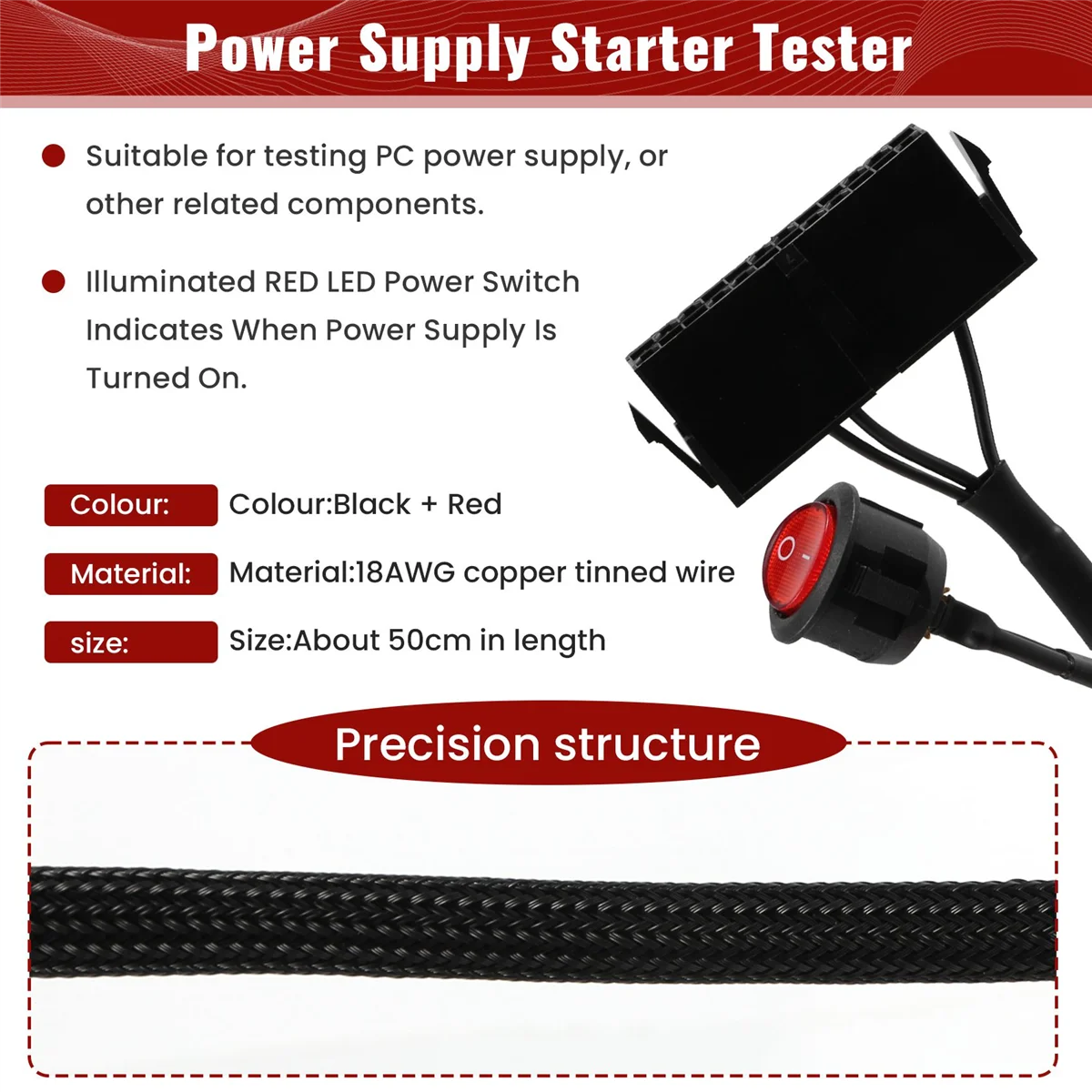

A03V 24-Pin Female ATX PSU PC Power Supply Starter Tester Start Up Jumper Ridge Cable with ON/OFF Switch,50cm