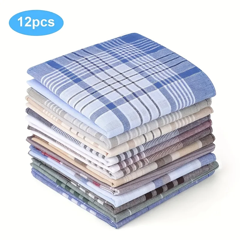 12pcs Men's Cotton Plaid Handkerchief Set - Mixed Patterns Pocket Square, Business Suit Accessories Breathable Soft Face Towel