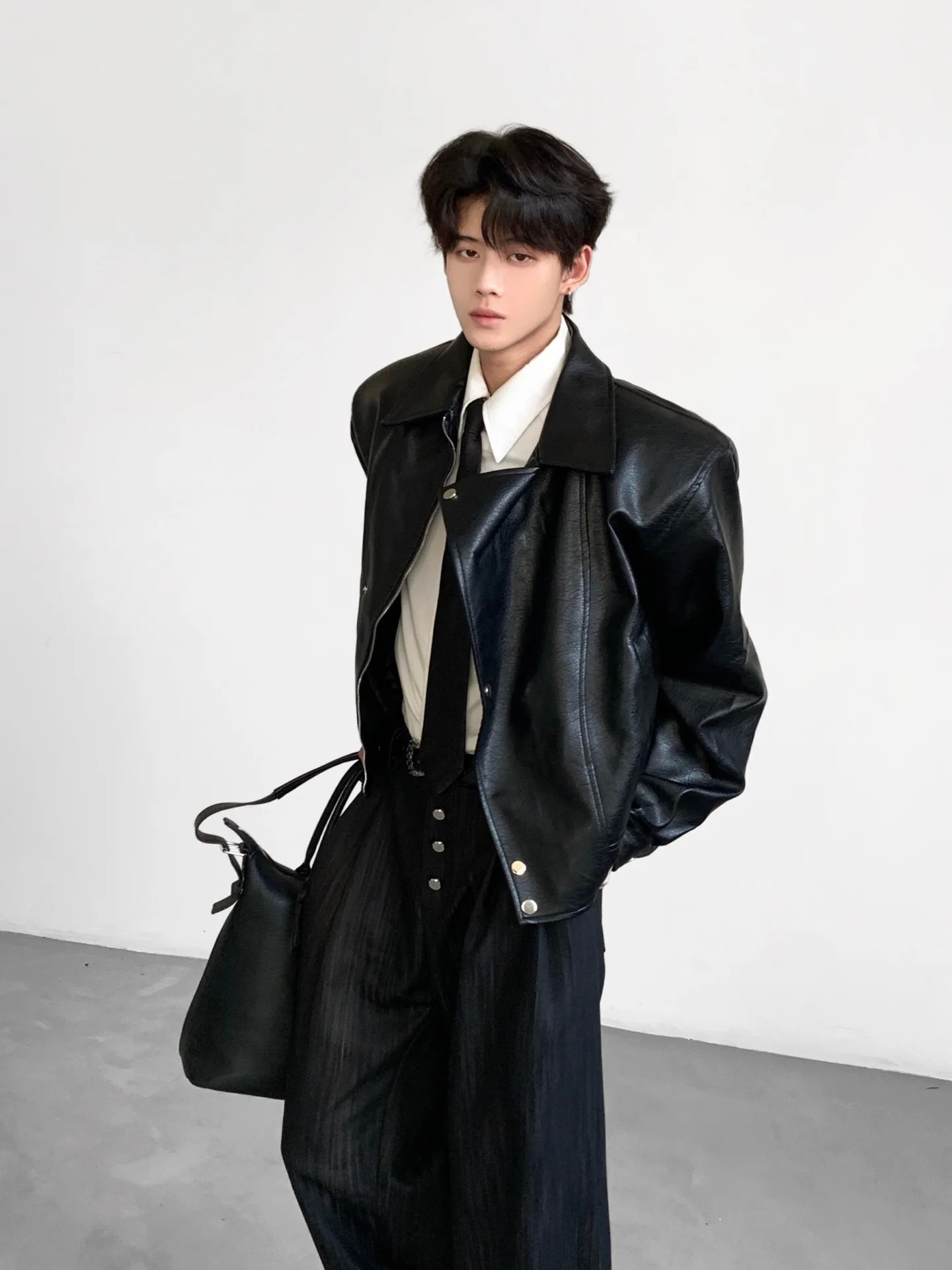 Modern Retro Faded Biker Leather Jacket Men's Deconstructed Short Mermaid Collar Cool Leather Clothes Outerwear for Youth
