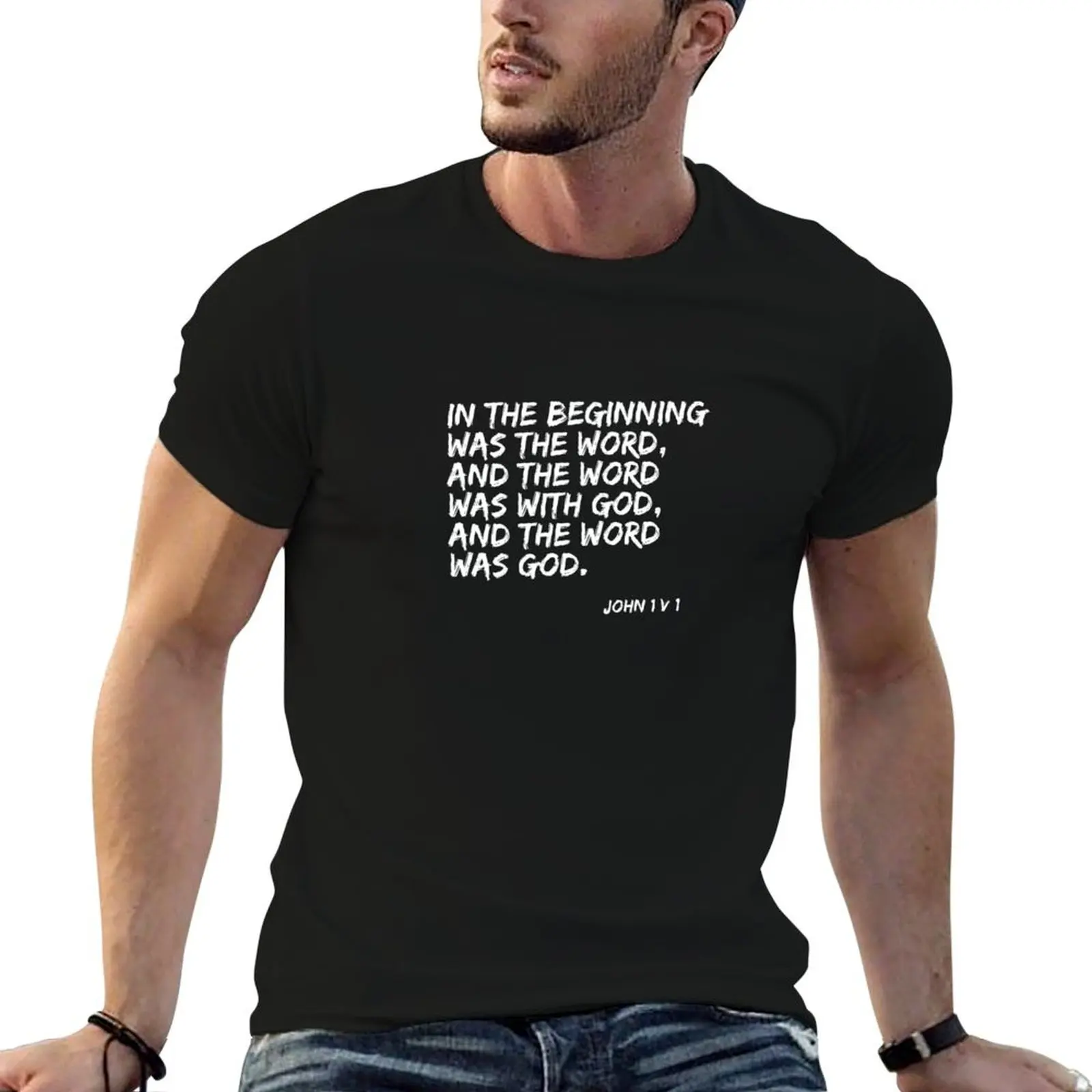 

IN THE BEGINNING WAS THE WORD JOHN 1:1 BIBLE VERSE TYPOGRAPHY T-Shirt anime vintage clothes blacks mens white t shirts