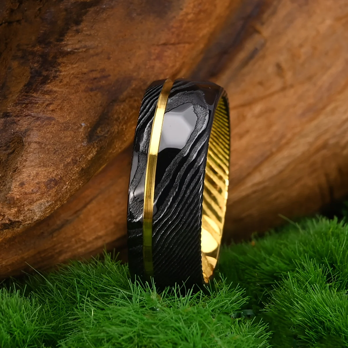 Damascus Steel Ring 8mm Black With Gold-Plated Inner Layer Men'S Couple Wedding Ring Luxurious and Comfortable Daily Party Wear