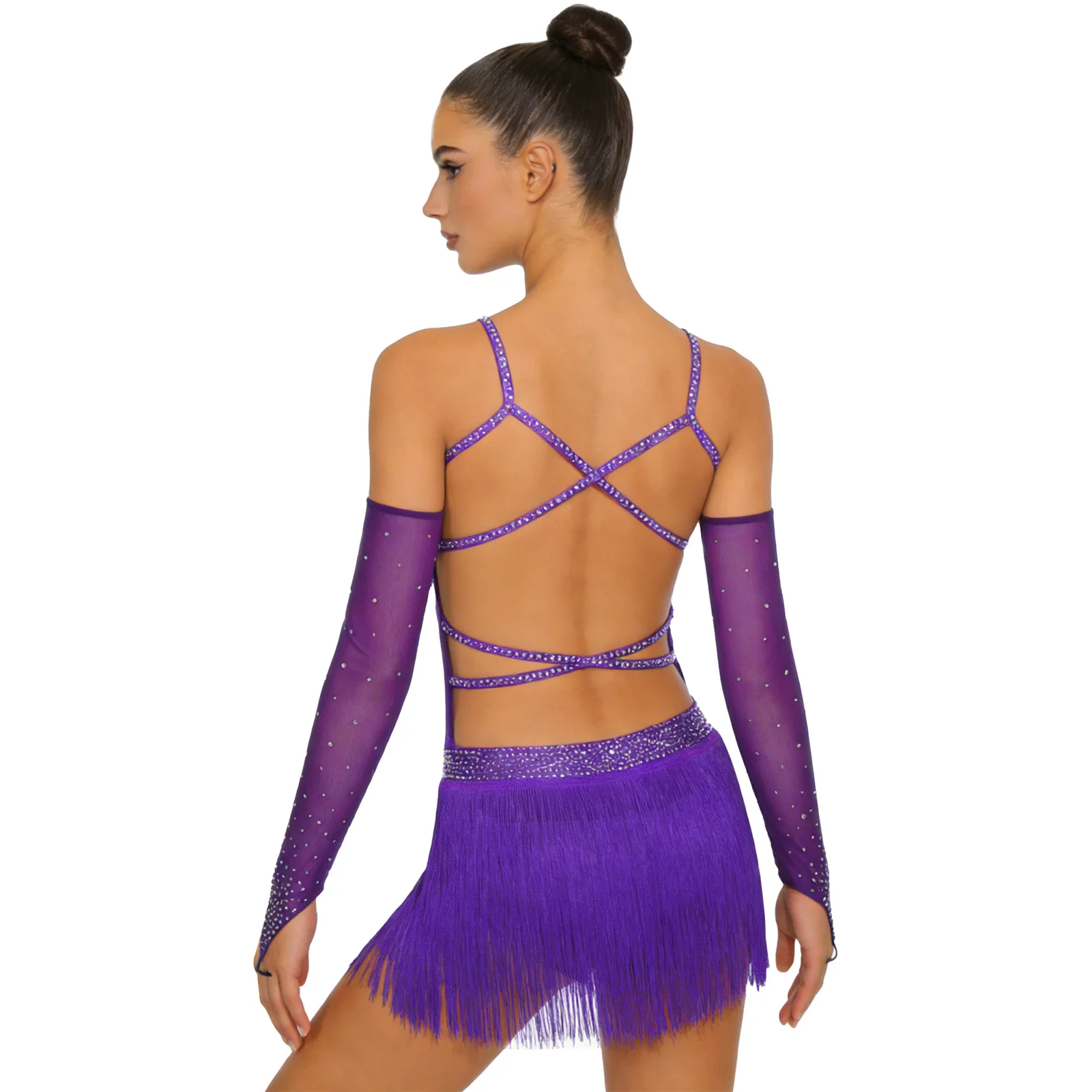 Womens Latin Dance Bodysuit with Mesh Sleeves Rhinestones Strappy Backless Tassel Leotard Ballroom Tango Samba Cha-cha Dancwear