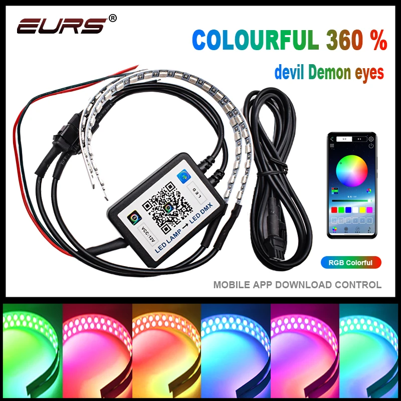 

EURS Car Led Colorful APP Control Devil Demon Eyes Lamps for Car Motorcycle 2.5 3.0 inch Projector Lens Retrofit Angel Eyes Bulb