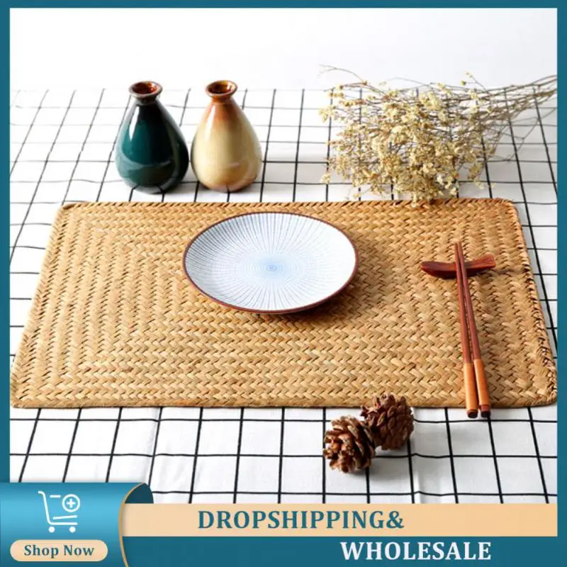 Table Mat Dining Rattan Placemats Natural Kitchen Accessories Tools Potholder Rectangular Straw Tea Cup Mat Sea Grass Place Mat