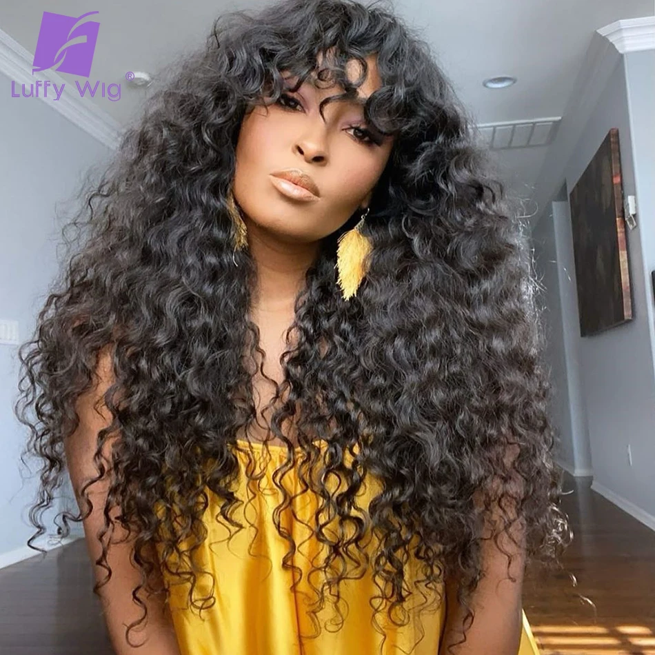 

Curly Human Hair Wig With Bangs Remy Brazilian Scalp Top Kinky Curly Bang Wigs Glueless 200 Density For Black Women luffywig