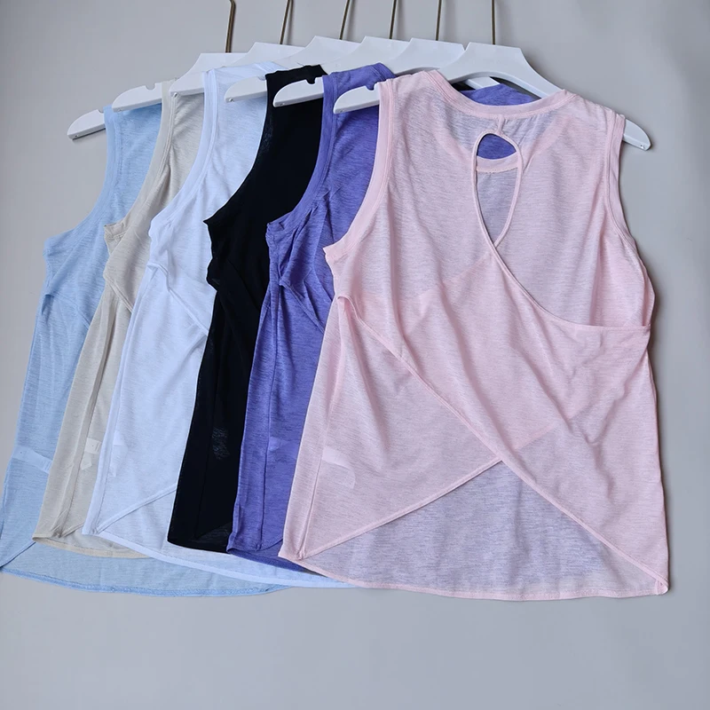 

Bamboo Joint Thin Tulle Breathable Yoga Vest Cross Pullover Sleeveless Quick Drying Outdoor Fitness Sports Blouse for Women