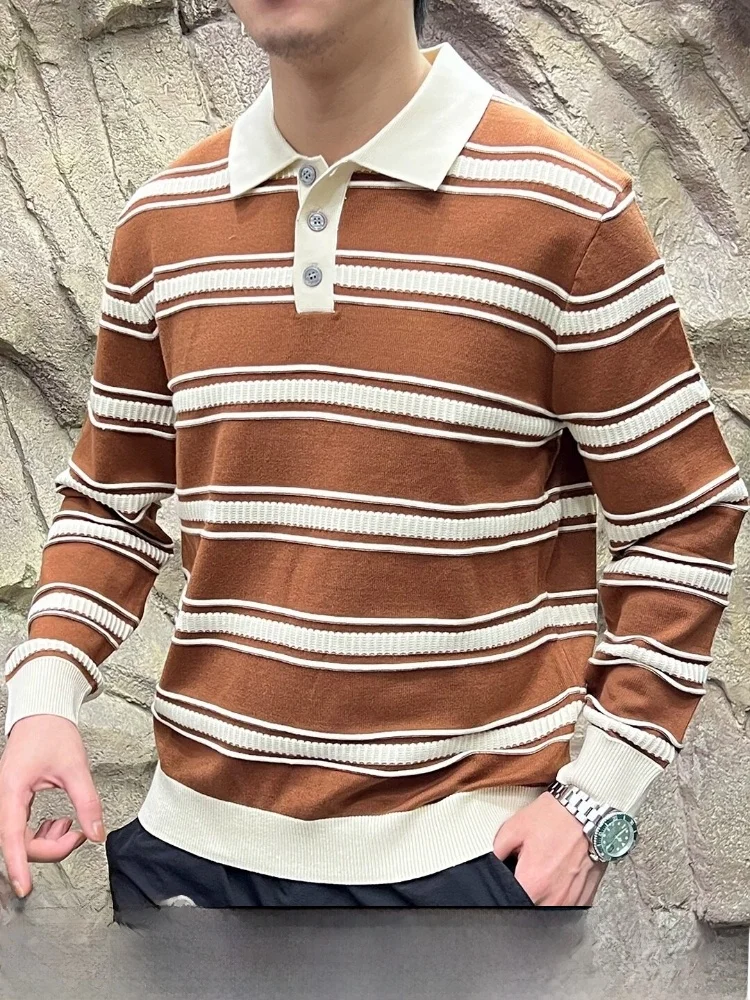 

Elegant Leisure Style Men's Knitted Sweater Vintage Stripes Turn-down Collar Long Sleeve Warm Fashionable Autumn Winter Top