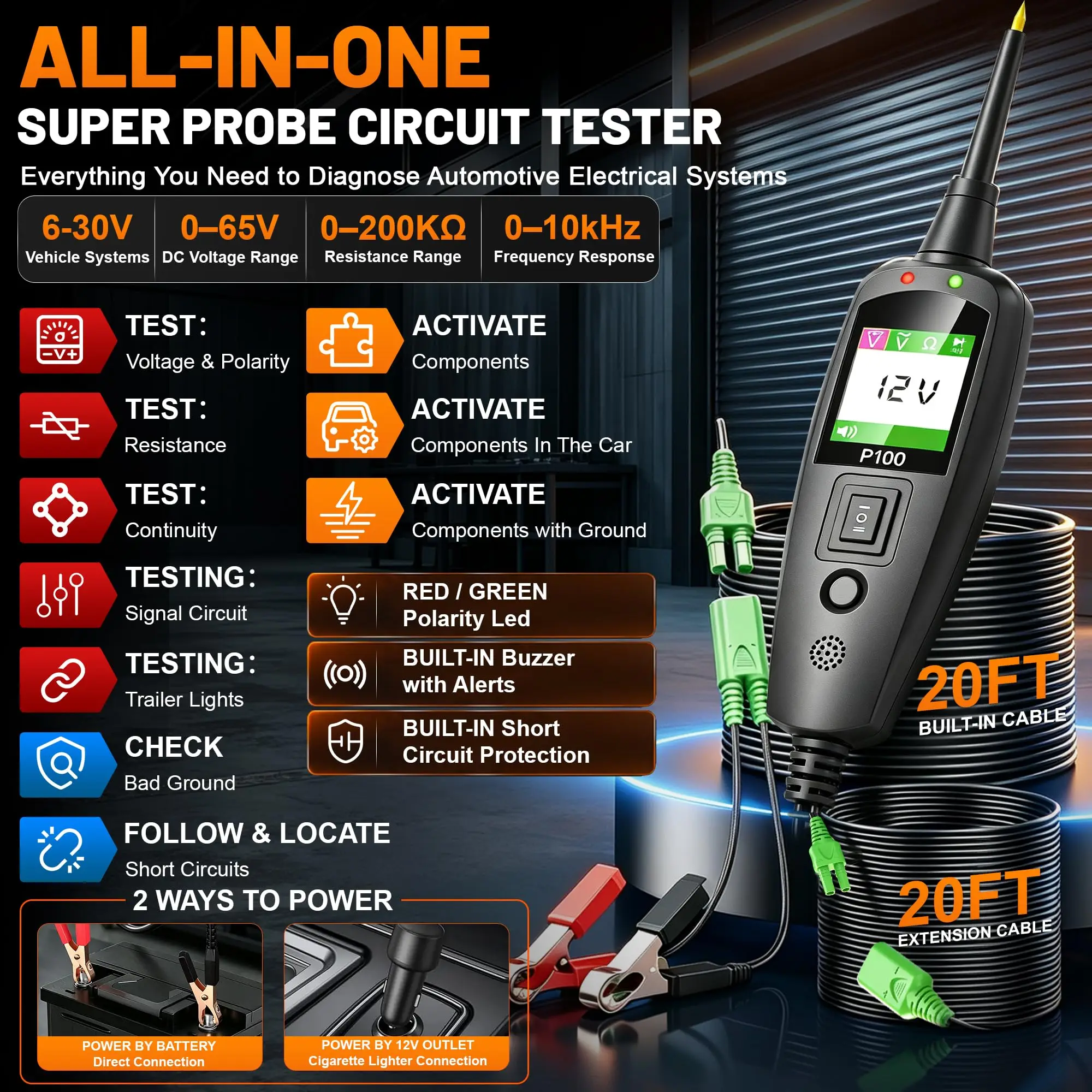 Topdiag P100 Power Circuit Probe Tool 12V 24V Automotive Circuit Tester 40FT Cable Electrical Short Open Breaker Finder for Car AC/DC Voltage Current Resistance Detection Trailer Light Tester