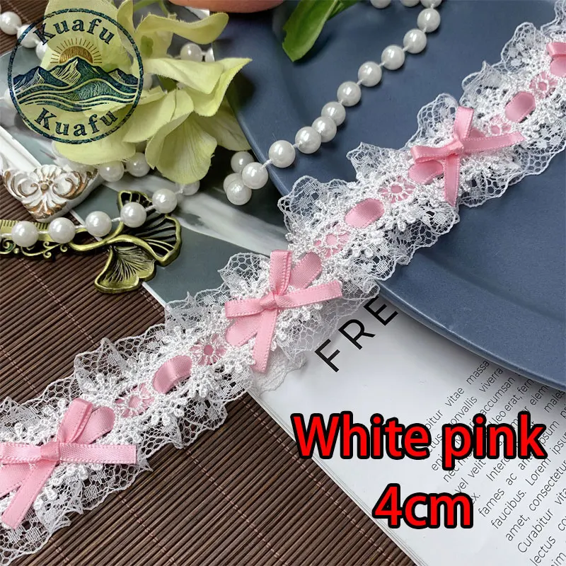 1 Yard Lolita Spitzenband mit Schleife, Plissee-Spitzenstoff, Rüschenband für DIY-Bastelarbeiten, Nähen, Kleider und Kleidungszubehör