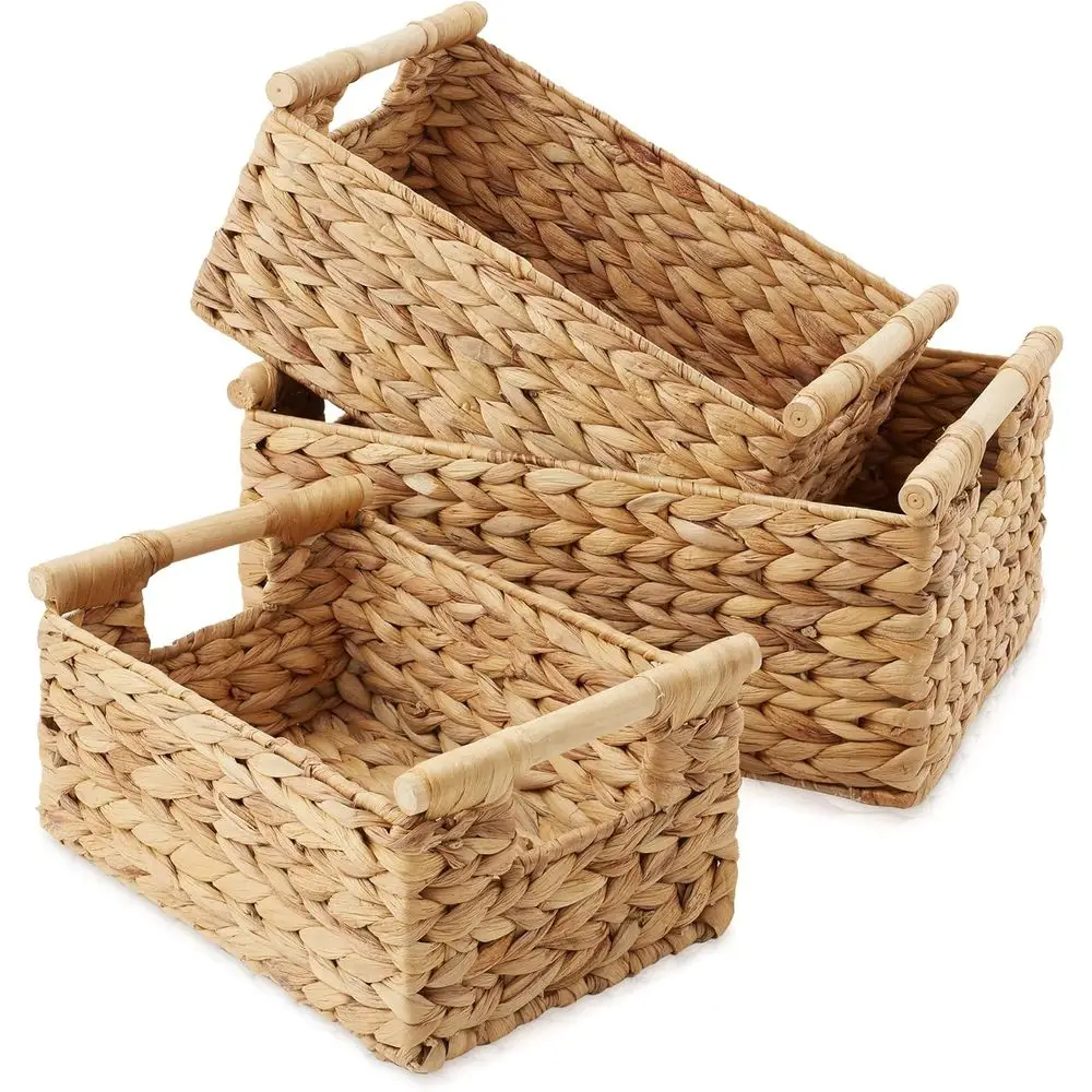 

Трехъярусные корзины для хранения из водяного гиацинта с деревянными ручками — идеально подходят для организации хранения в различных размерах