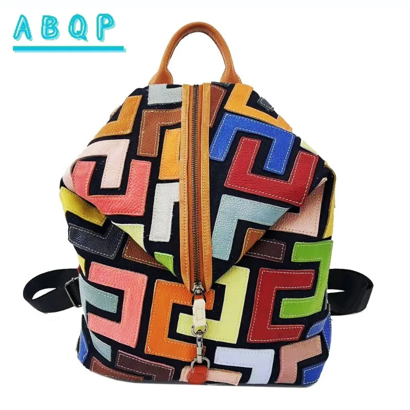 Women's Backpack Luxury Brand Genuine Leather Fashion Women's Backpack Handmade Stitching Color Travel Backpack High Quality
