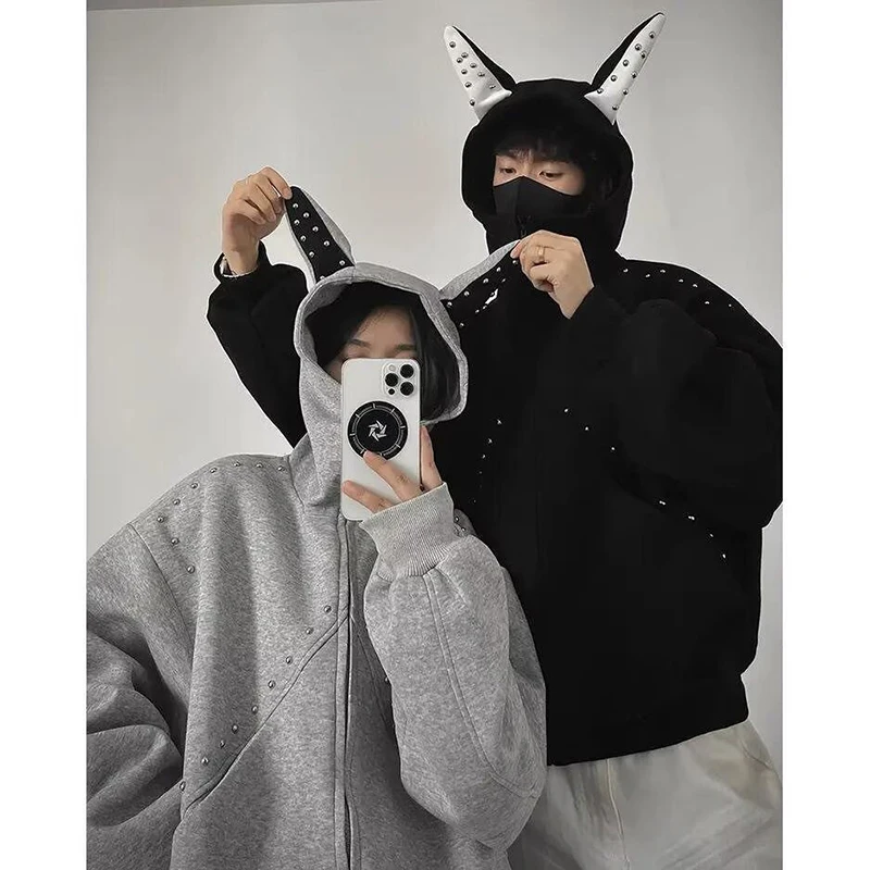 Doberman Ears Hoodie 2026 New American Style Rivet Splicing Zip-Up Hooded Sweatshirt Loose Casual Couple Cool Men Woman Hooded